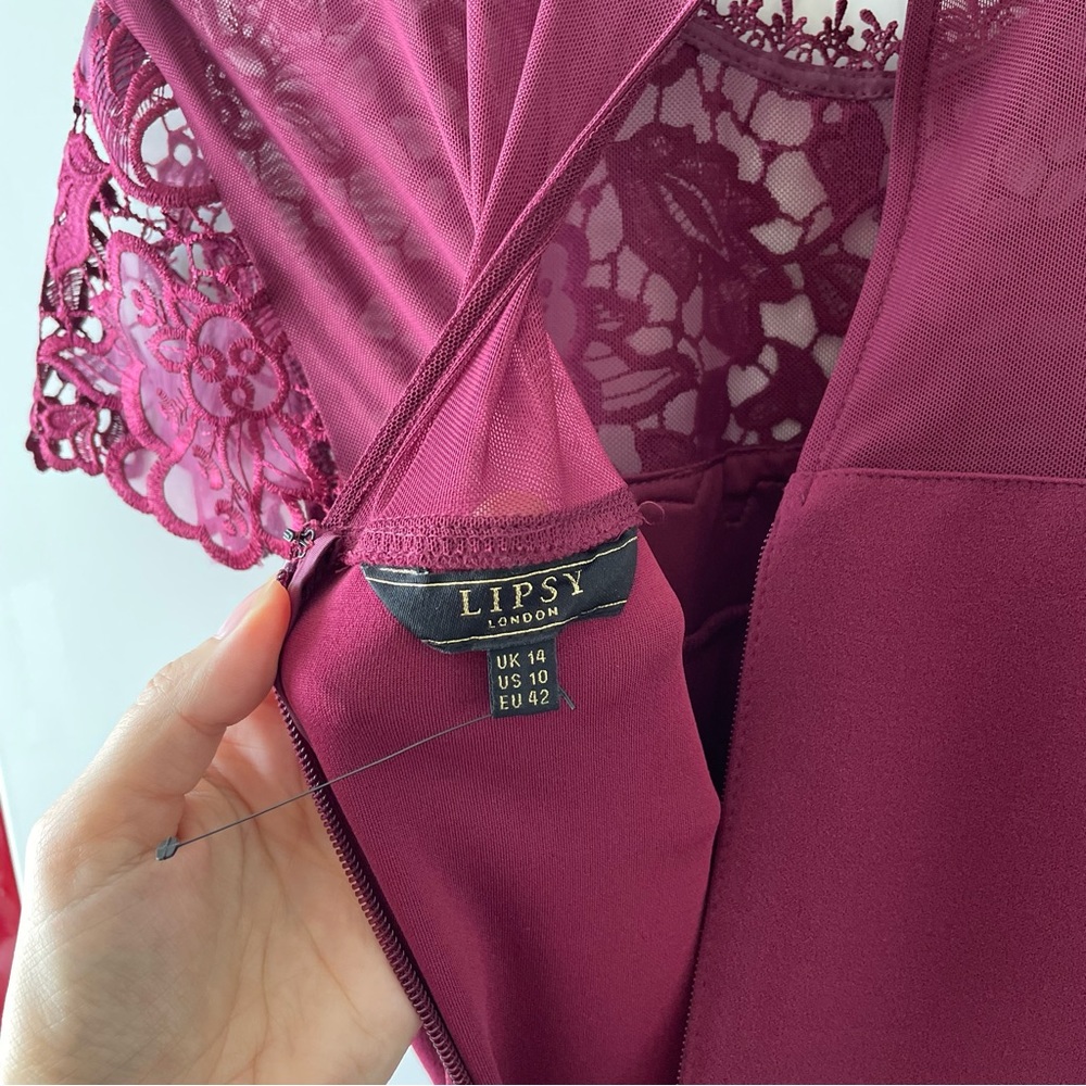 LIPSY Burgundy Insert Lace Midi Dress Size 14 - Picture 4 of 5